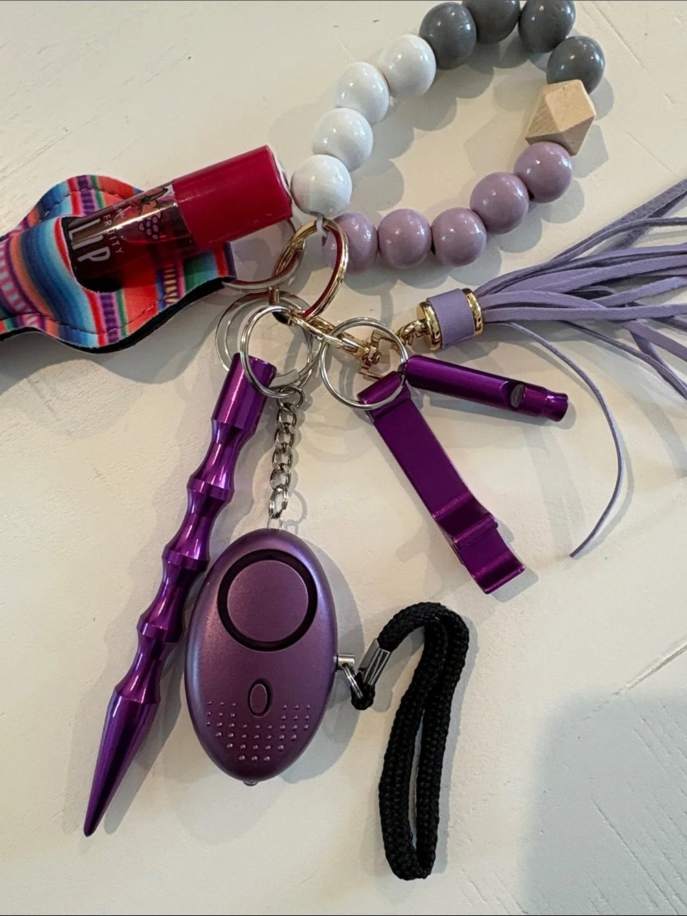 Purple Beaded Tassel Keychain Wristlet with Safety Tools